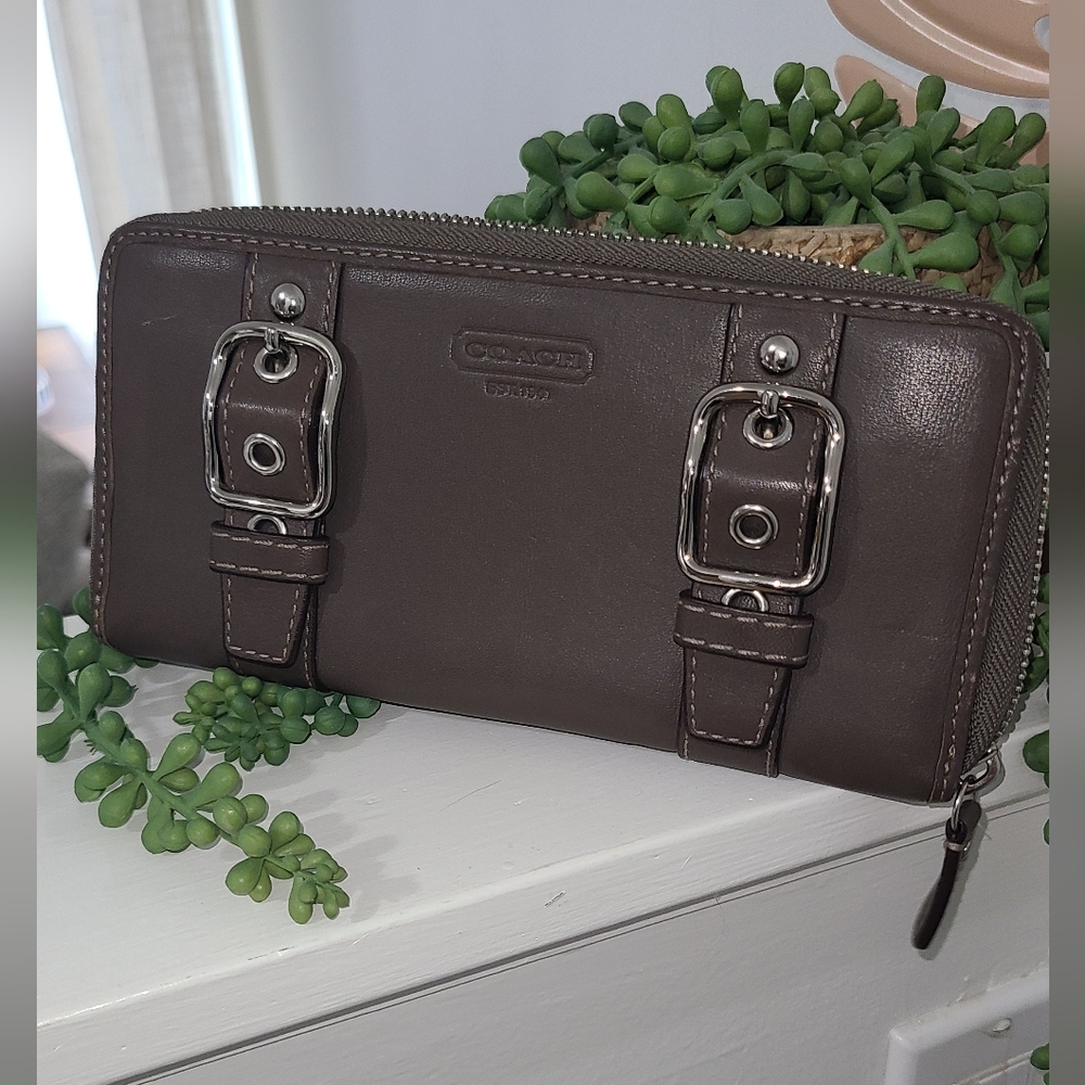 Coach Taupe Leather Zip-Around Wallet with Buckle Hardware